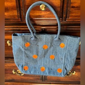 Denim Tote Bag with Embroidered Pumpkin Accents Fall Cotton Handbag Unique